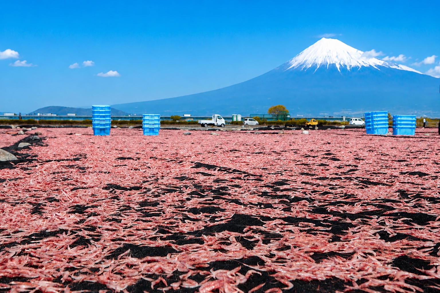 富士山を望む桜えびの天日干し風景